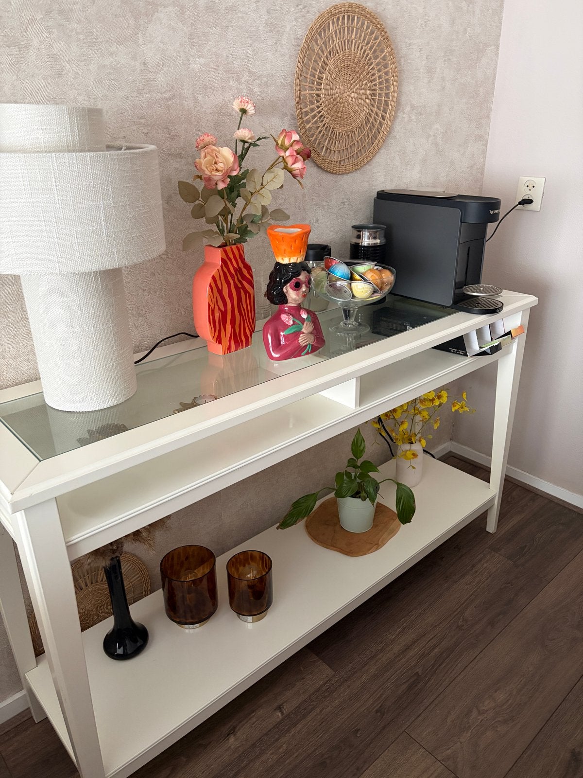 Ikea witte console tafel met glazen blad, Ophalen, Zo goed als nieuw