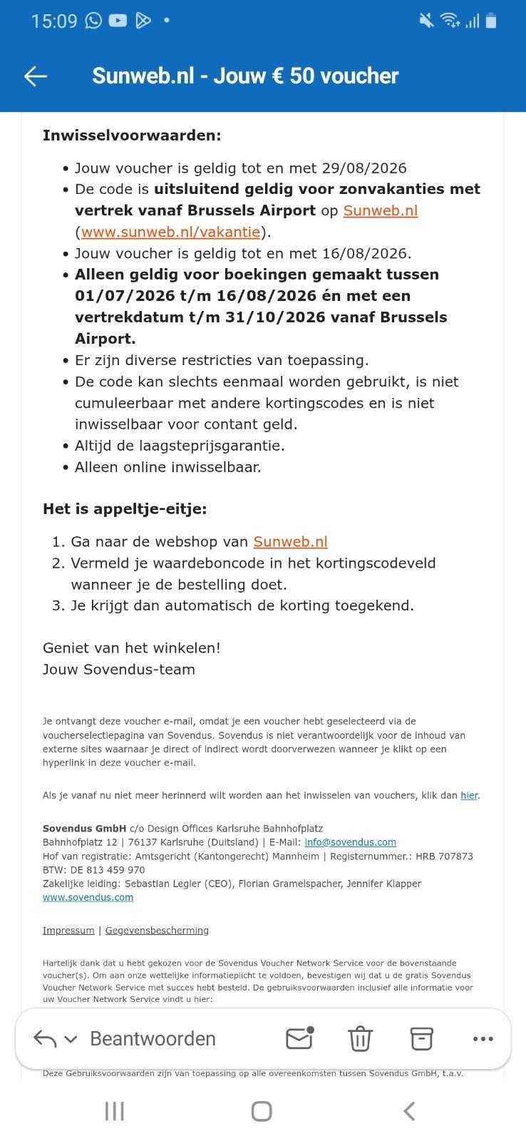 50,-  Kortingscode SUNWEB (2 maal), Eén persoon, Kortingsbon