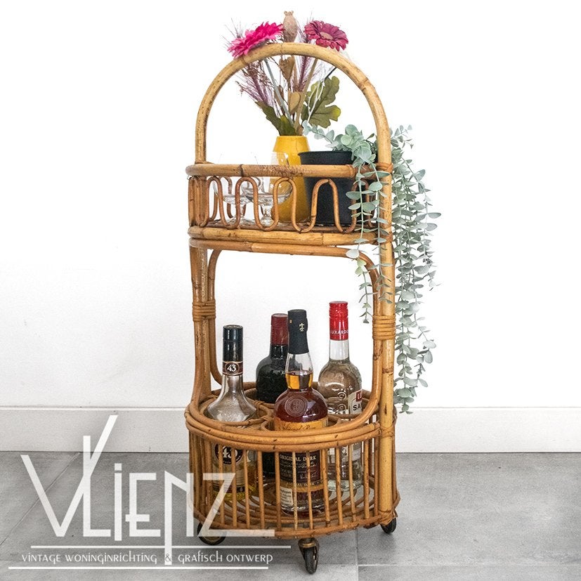 Vintage, bohemien rotan drankentrolley bar cart serveerwagen, Ophalen, Huis en Inrichting