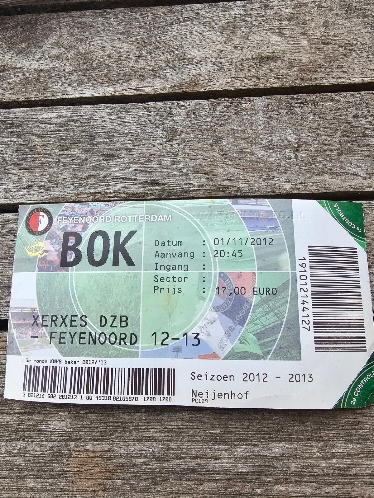 Kaartje xerxes-feyenoord 01-11-2012 knvb beker, Verzenden, Feyenoord