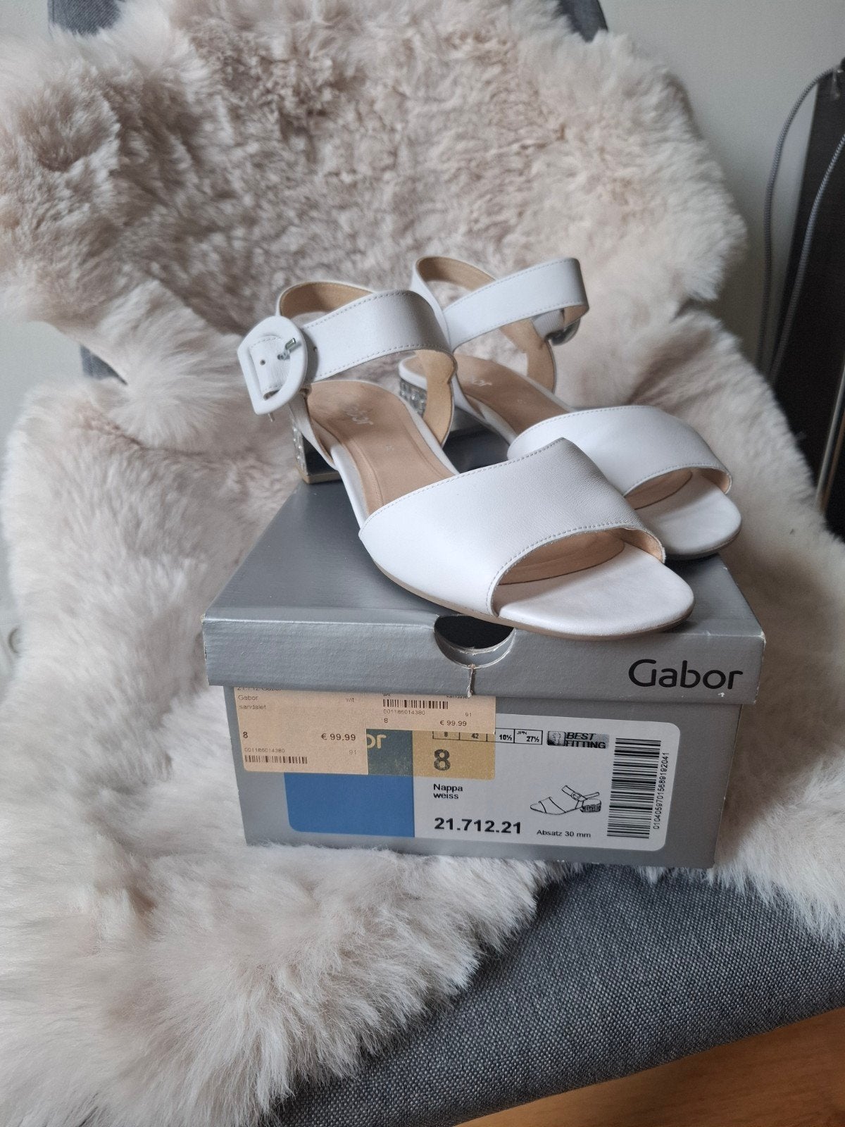Gabor witte leren sandalen met zilverkleurige hak maat: 41, Wit, Gabor, Zo goed als nieuw, Nvt