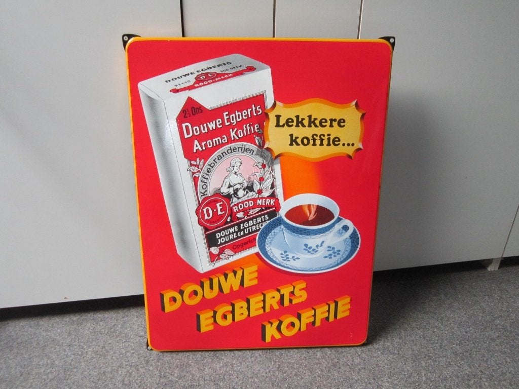 DOUWE EGBERTS EMAILLE RECLAMEBORD, Ophalen, Zo goed als nieuw, Reclamebord