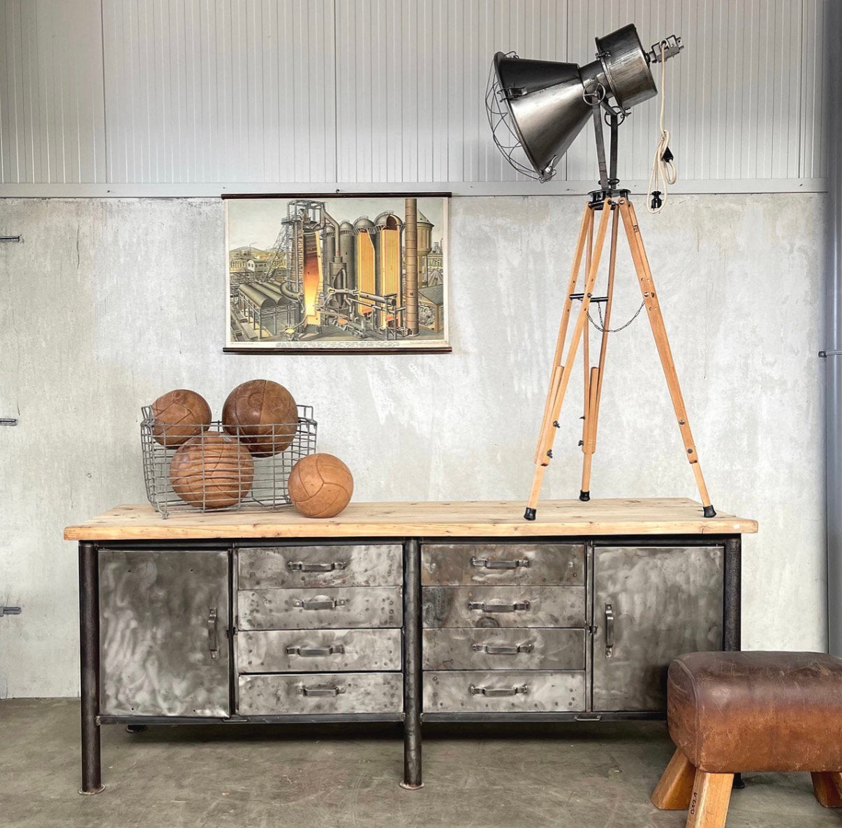 Oude stalen werkbank, industrieel dressoir, toonbank, keuken, Ophalen