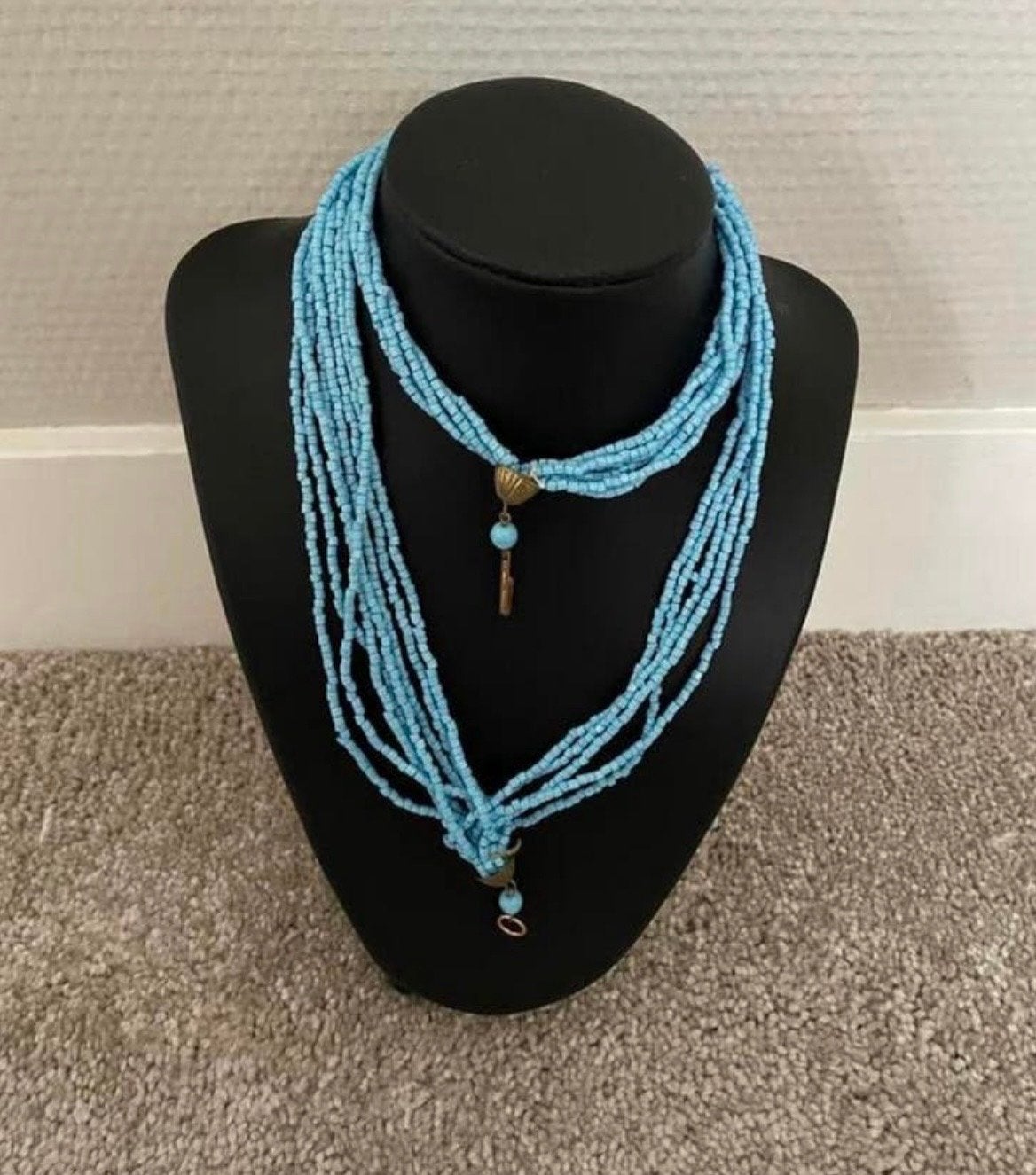 Turquoise kralenketting, meerrijig met hanger, Sieraden, Tassen en Uiterlijk, Kettingen, Zo goed als nieuw, Overige materialen