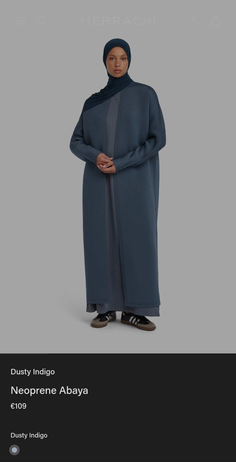 Merrachi Neoprene Abaya Dusty Indigo Maat L, Kleding | Dames, Blauw, Maat 42/44 (L), Ophalen of Verzenden, Zo goed als nieuw