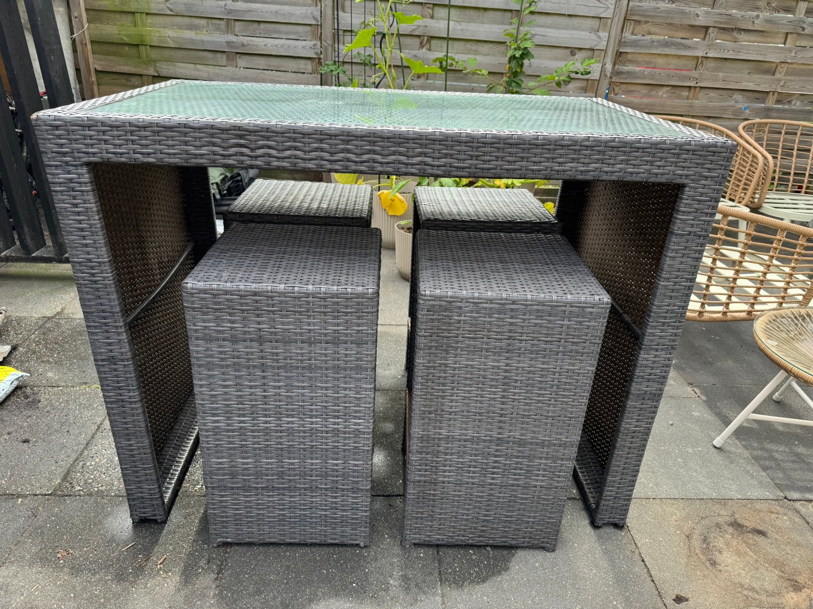 Barset grijs wicker, Ophalen of Verzenden, Zo goed als nieuw, Kunststof