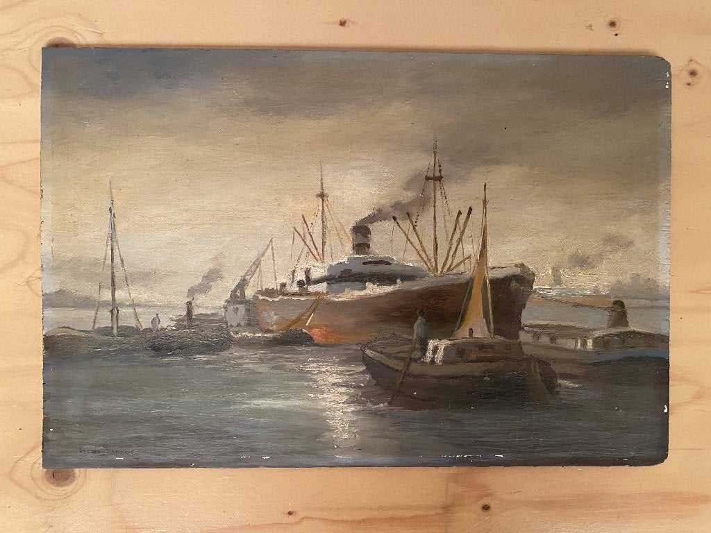 industriële haven schilderij, Antiek en Kunst, Kunst | Schilderijen | Klassiek, Ophalen of Verzenden, Klassiek, Maritiem / water