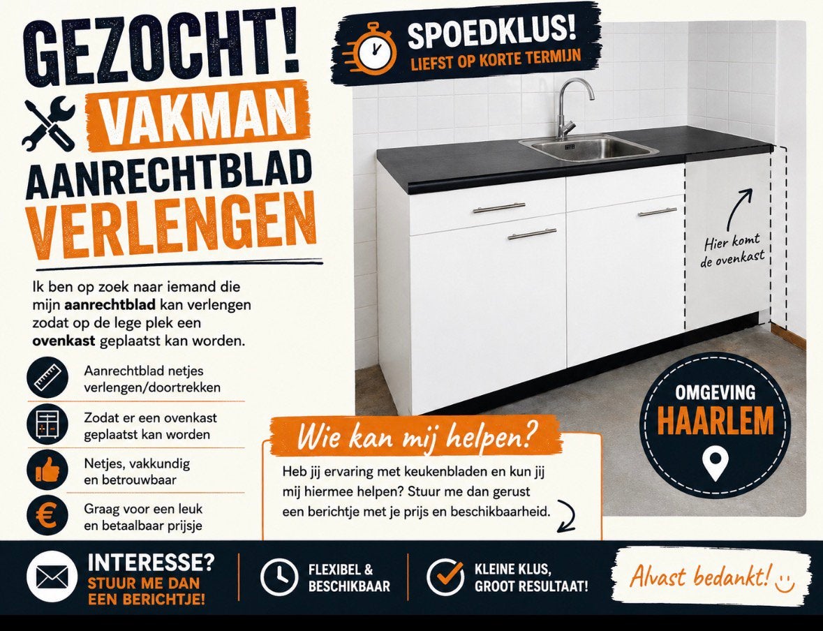 Gezocht: vakman voor verlengen aanrechtblad omgeving Haarlem, Huis en Inrichting, Ophalen of Verzenden
