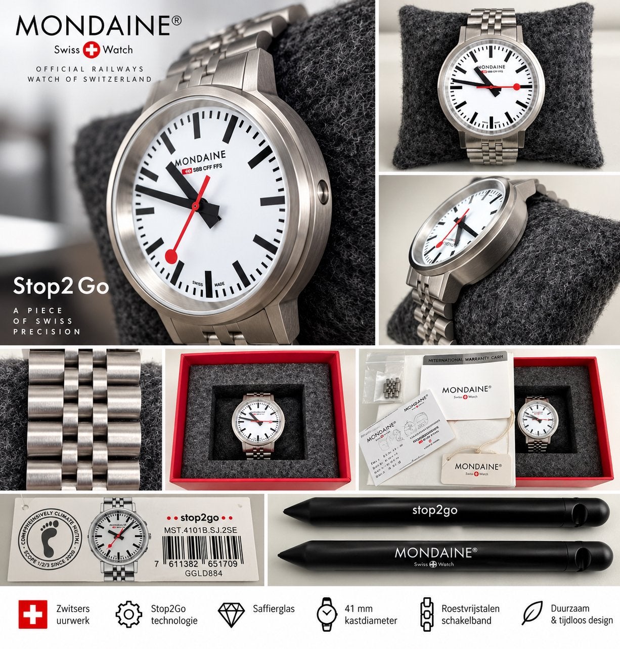Mondaine Stop2Go 41 mm – SBB CFF FFS – Topconditie, Staal, Polshorloge, Overige materialen, Zo goed als nieuw