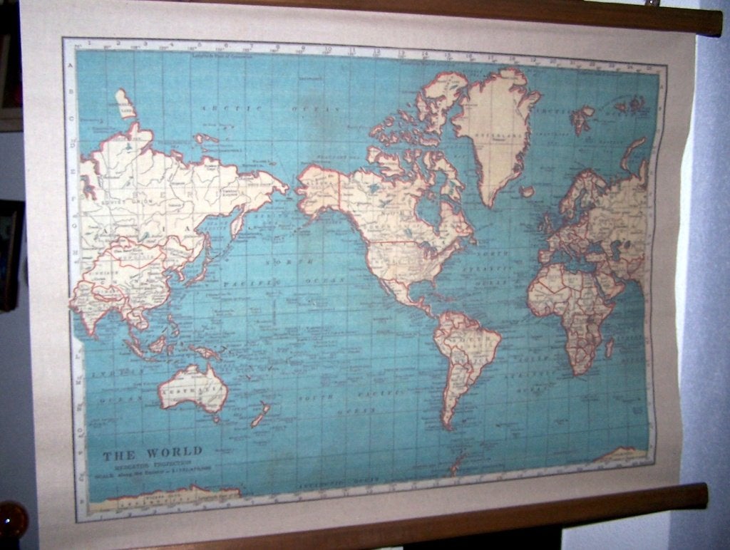 Vintage Mercator wereldkaart op linnen. 68x50cm. Izgs., Vintage, Textiel, Ophalen of Verzenden, Zo goed als nieuw