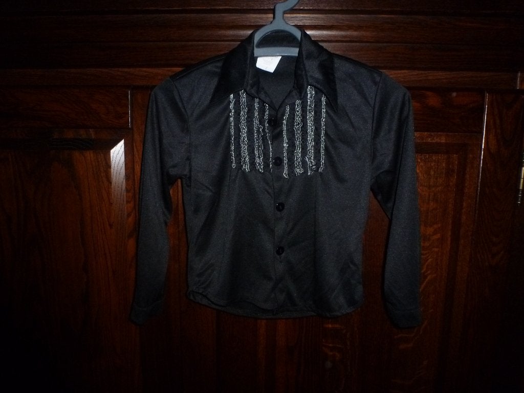 1 mooie zwarte rouches of disco blouse lange mouwen maat 116, Kinderen en Baby's, Ophalen of Verzenden, Zo goed als nieuw, 110 t/m 116