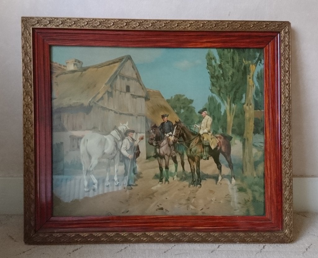 Schilderij 3 paarden met 3 mannen 60 x 50 (F), Ophalen