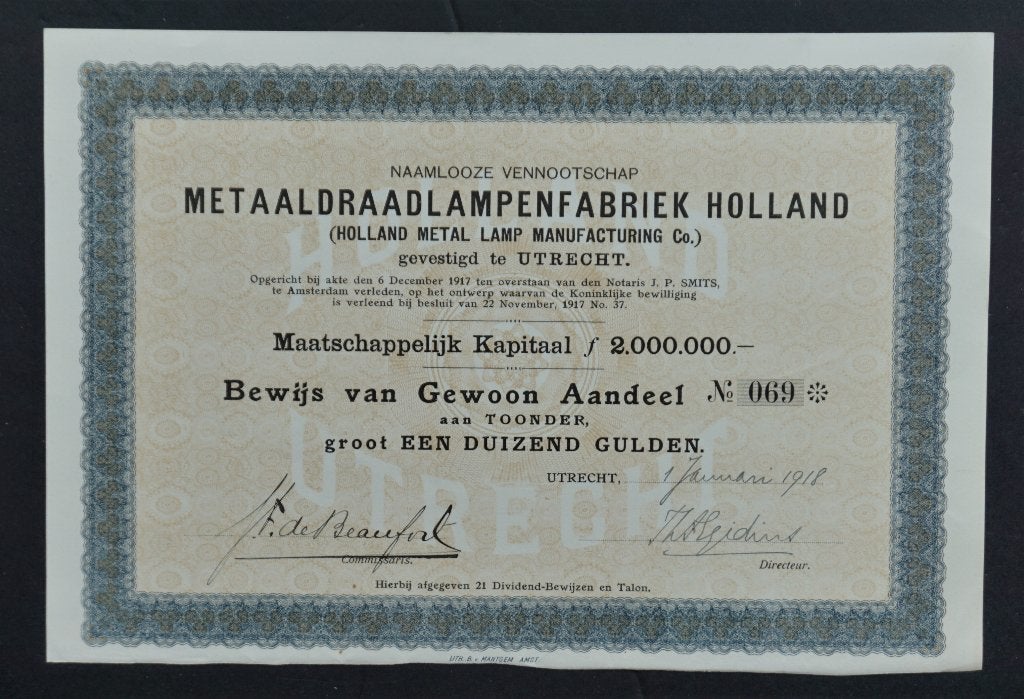 Metaaldraadlampenfabriek Holland - Utrecht - 1918, Verzenden, Voor 1920, Aandeel
