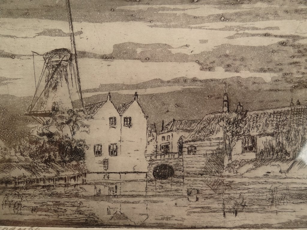 Ets in lijst Schiedam met molen, Piet Rozendaal, nr.6-40, Gesigneerd, Stadsgezicht, Ophalen of Verzenden, 1950 - 1999