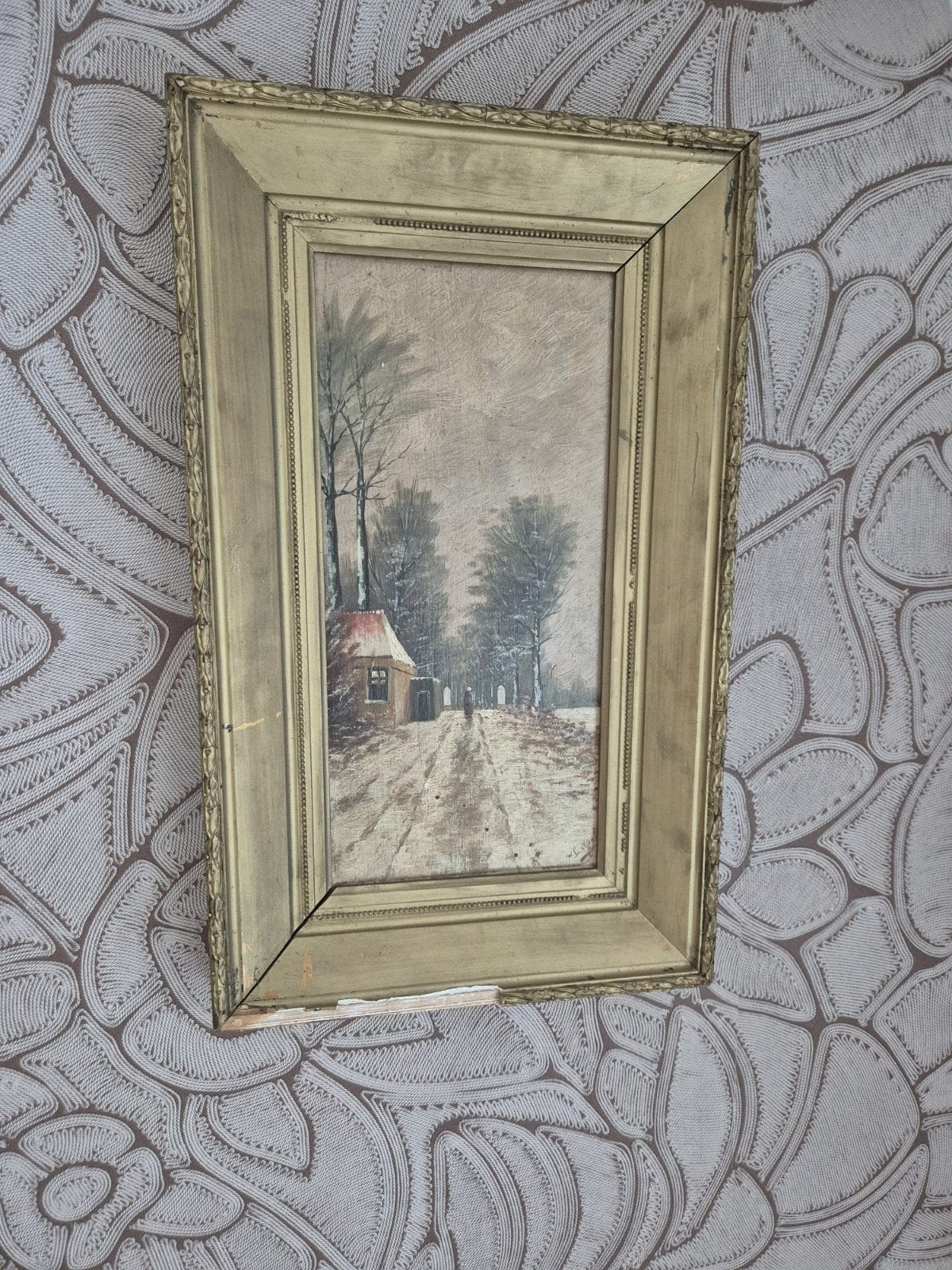 Schilderij Olieverf op Paneel Winterlandschap met Lijst, Paneel, Ophalen of Verzenden, Landschap, Olieverf