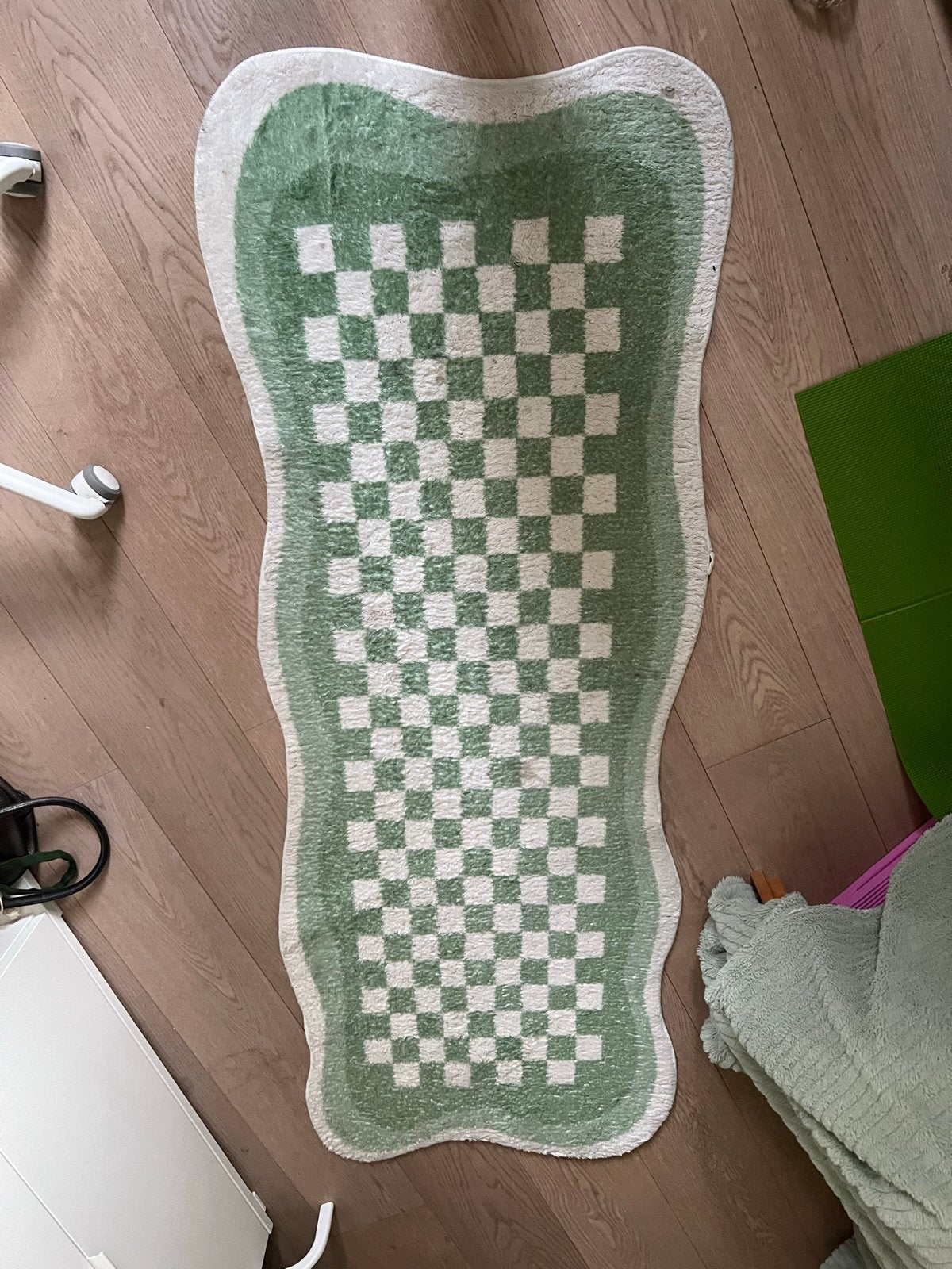 Groen geblokt vloerkleed met unieke vorm, Minder dan 50 cm, Gebruikt, 100 tot 150 cm, Ophalen of Verzenden