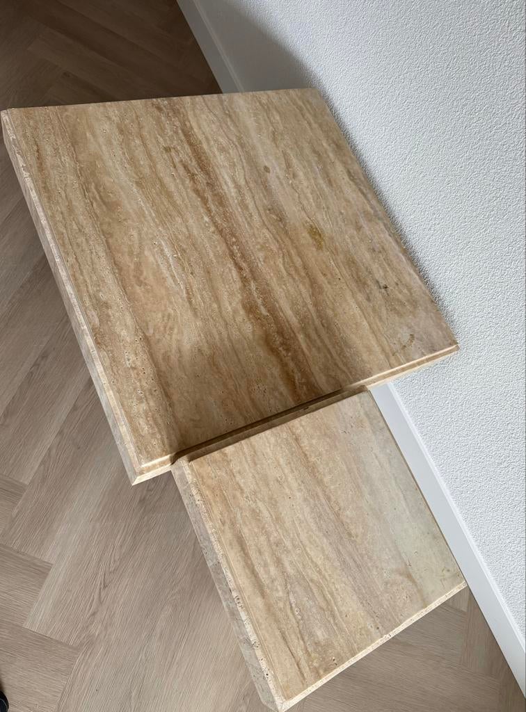 Design salontafel set travertine | NIEUW | uit collectie, Ophalen, Overige materialen, 50 tot 100 cm, Vierkant