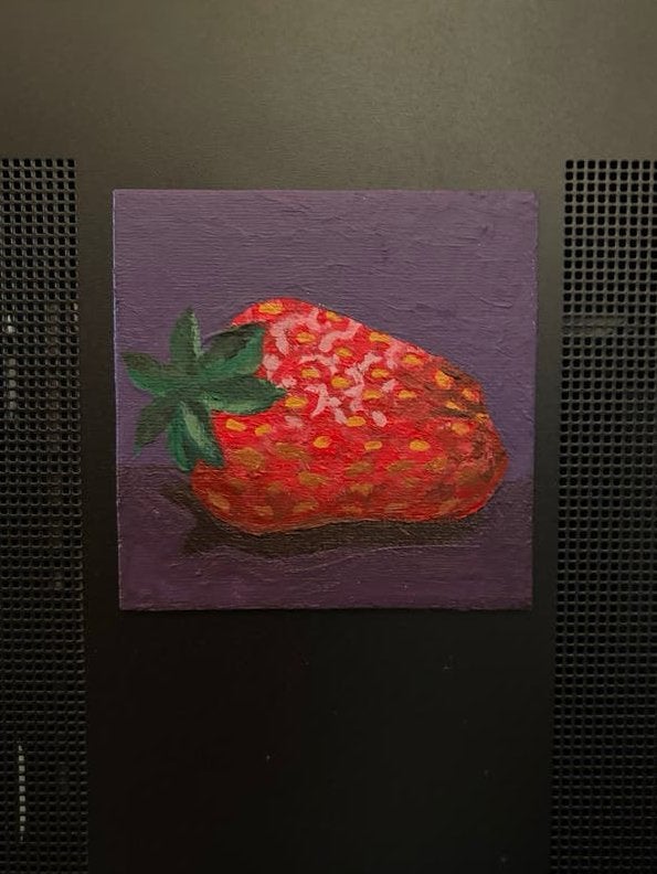 Aardbei, Acrylverf op Magneet Canvasje, 10x10 cm, Antiek en Kunst, Kunst | Schilderijen | Klassiek, Acrylverf, Doek, Stilleven