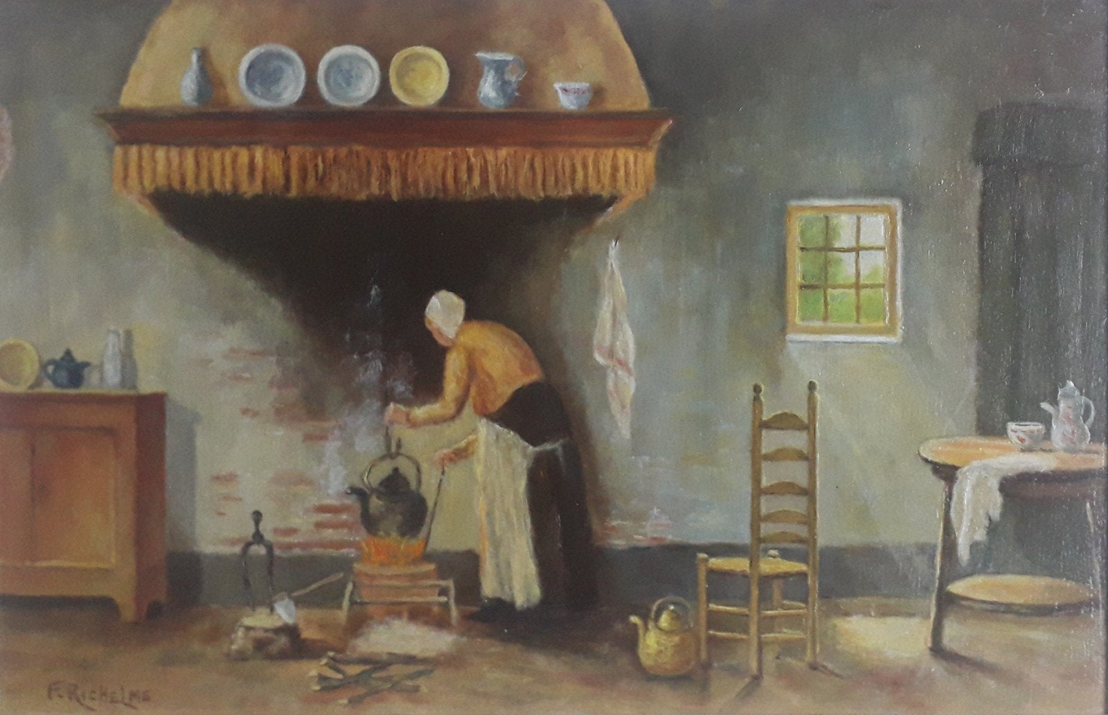 VROUW KOOKT WATER BOVEN EEN VUURTJE 🔥 OUD 1950🪑 INTERIEUR, Ophalen of Verzenden, Klassiek, Origineel werk, Olieverf