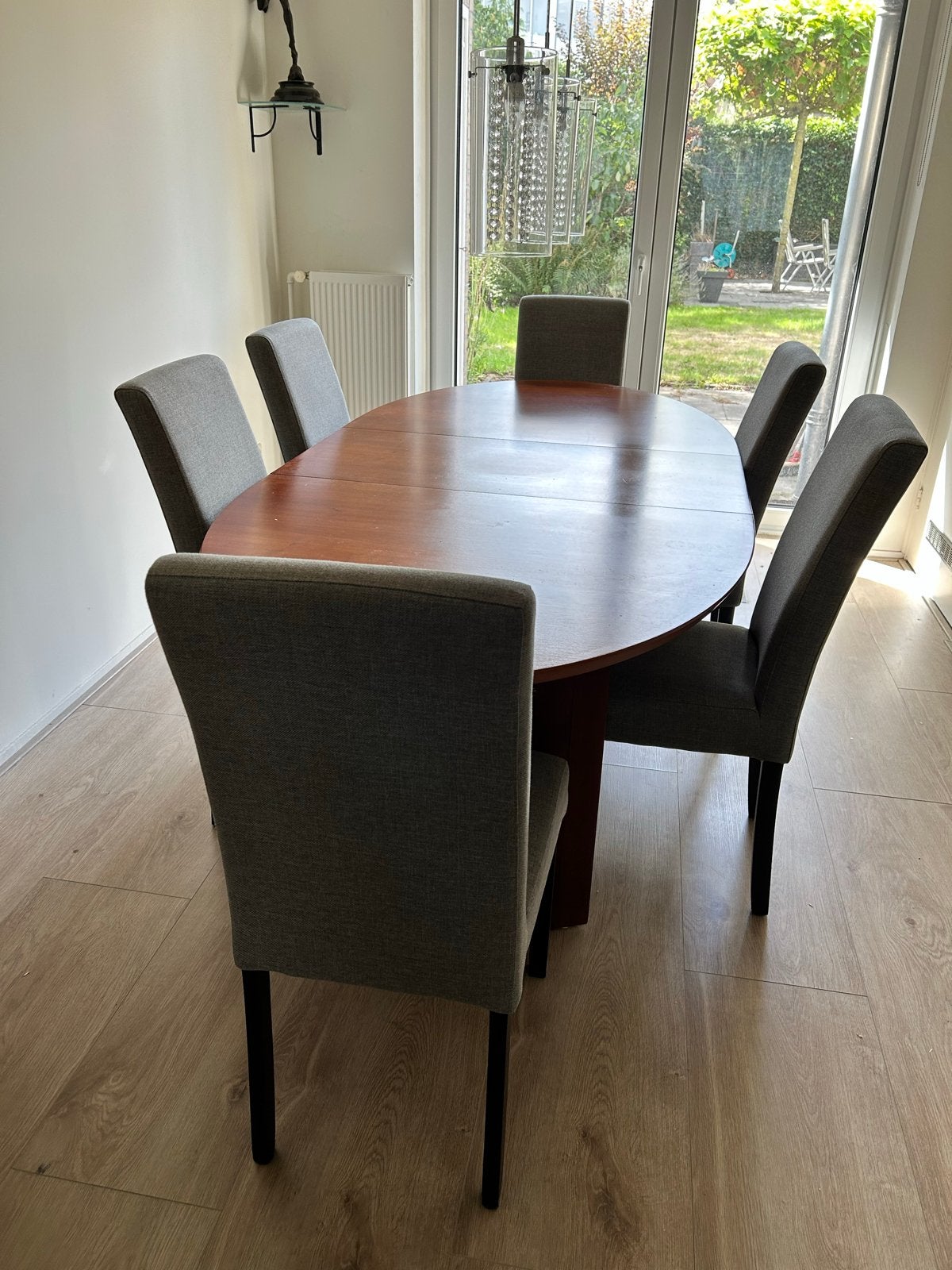 Ovale uitschuifbare eettafel incl. 6 stoelen, Ophalen, Gebruikt, 100 tot 150 cm, 200 cm of meer