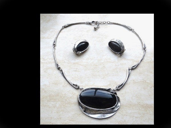 Bijzonder PERLI Modernistische Design Collier/Oorbellen/Onyx, Sieraden, Tassen en Uiterlijk, Verzenden, Zilver, Overige typen