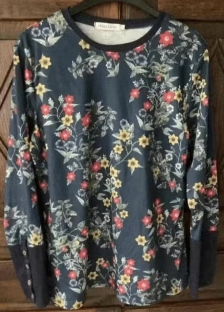 Blauwe top, shirt bloemenprint details mouw; L; Miss Look, Kleding | Dames, Blauw, Maat 42/44 (L), Ophalen of Verzenden, Zo goed als nieuw