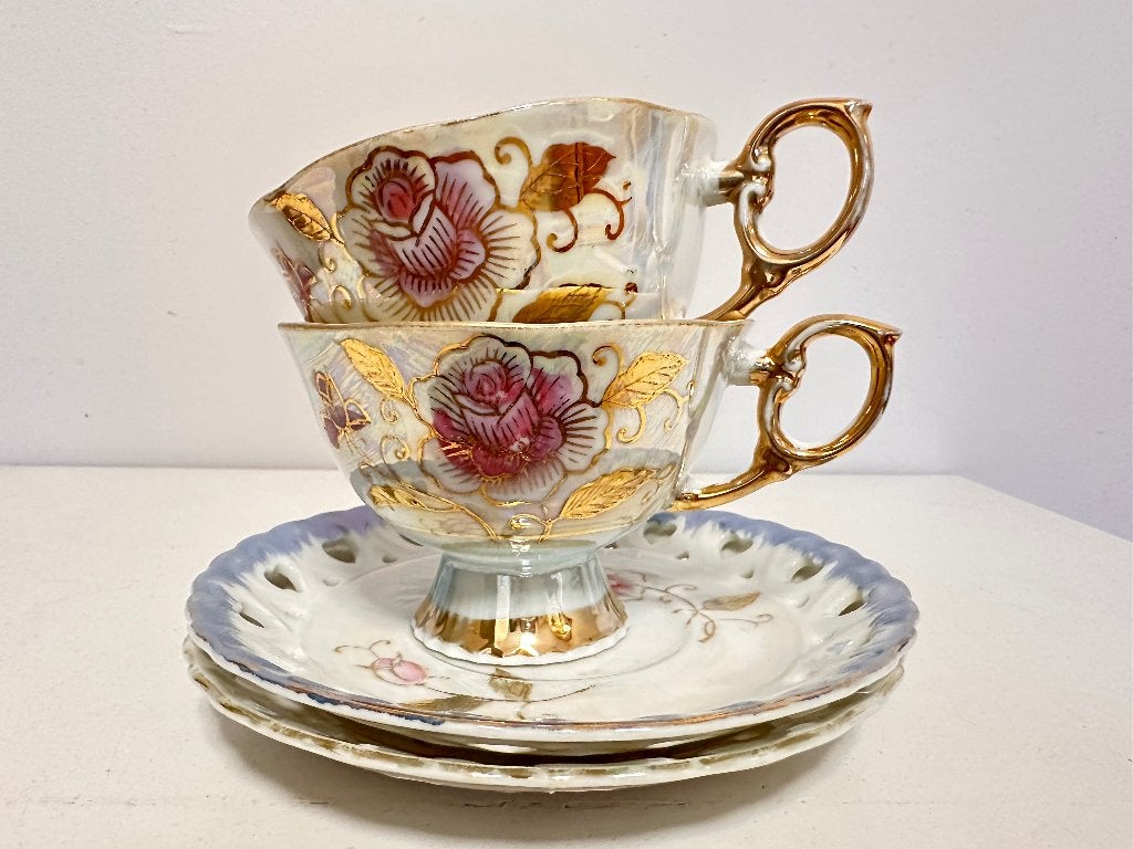 Vintage parelmoer theekop & schotel vergulde randen, Ophalen of Verzenden