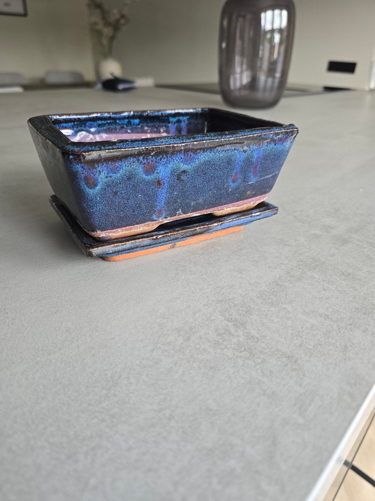 Keramieken Bonsai Pot met Schotel - Blauw Geglazuurd, Tuin en Terras, Nieuw, Ophalen of Verzenden, Balkon, Aardewerk