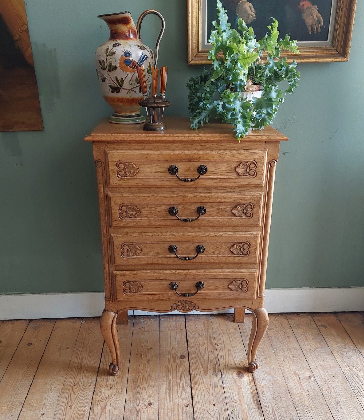 Lucky Vintage Queen Anne stijl brocante hoge ladekast, Huis en Inrichting, Kasten | Ladekasten, Ophalen, ., Eikenhout, 50 tot 100 cm