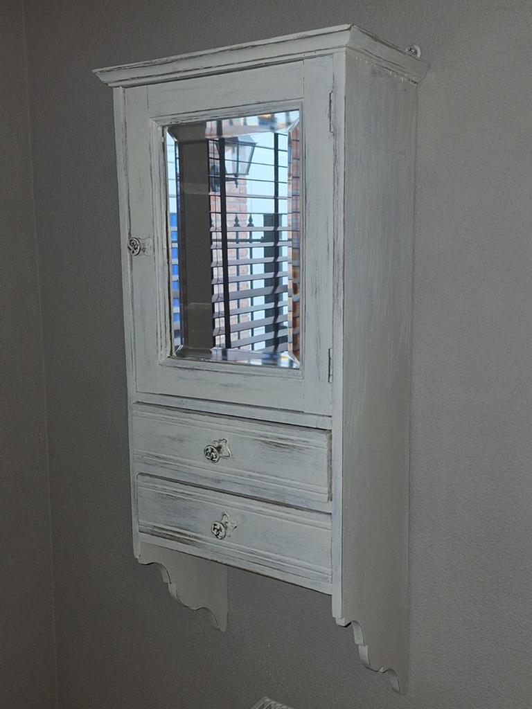 Vintage Wit Muurkastje met Spiegel en 2 Lades, Antiek en Kunst, Ophalen