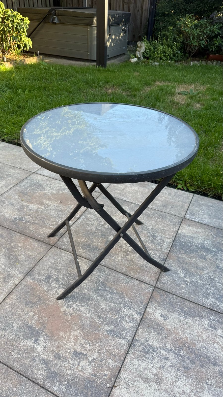 Ronde tuintafel met glazen blad - inklapbaar, Ophalen, Gebruikt, Rond, Metaal