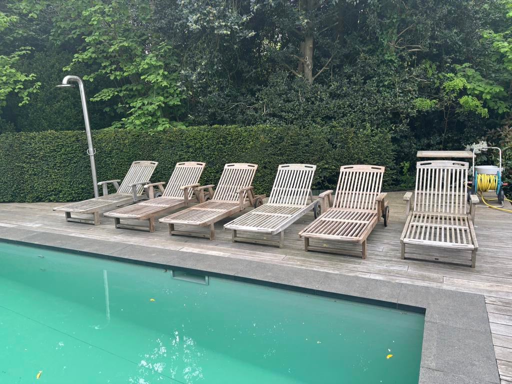 8x Gloster teak ligbed met Gloster kussen, Ophalen, Gebruikt, Teakhout, Verstelbaar