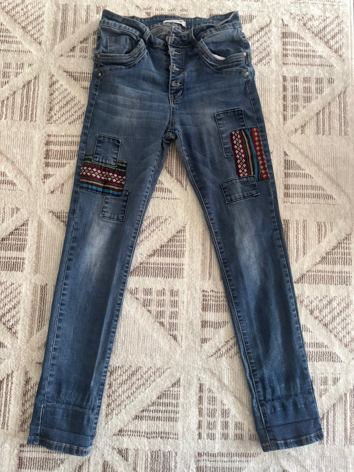 Patchwork denim jeans maat 38, Kleding | Dames, Ophalen of Verzenden, Zo goed als nieuw, Blauw, W30 - W32 (confectie 38/40)