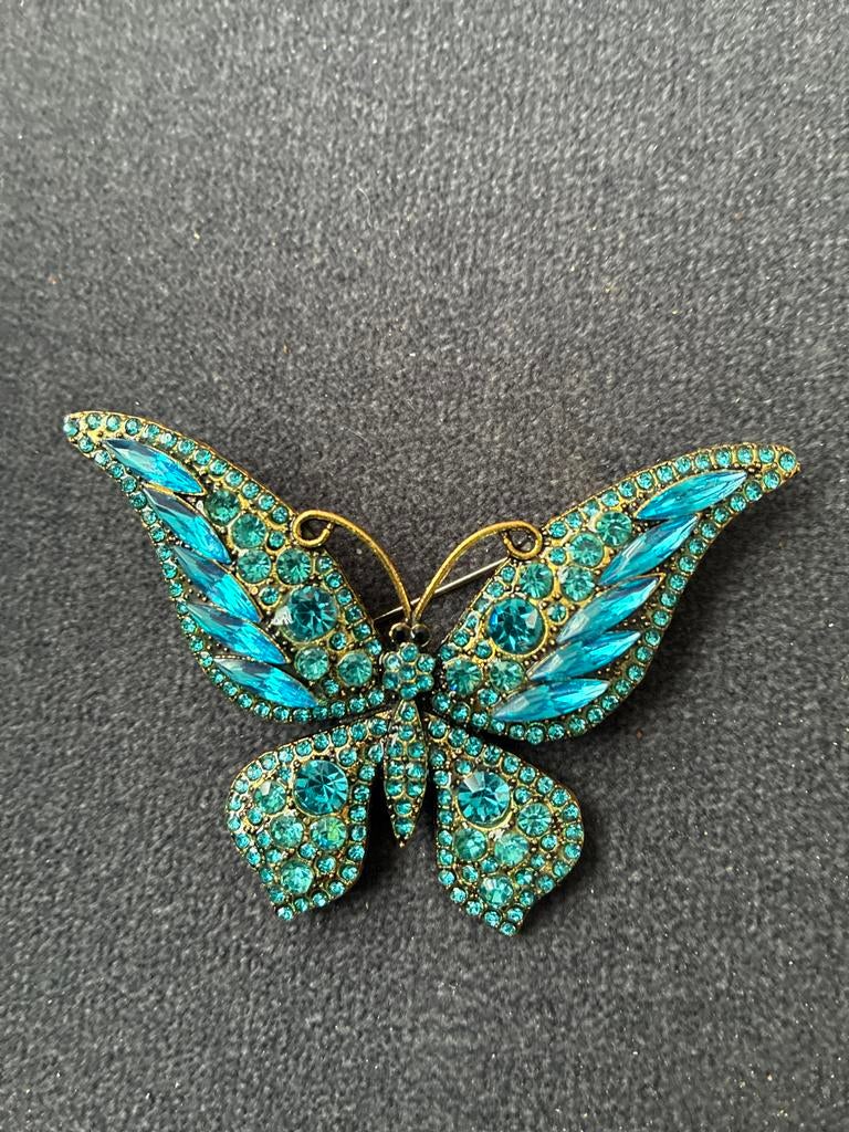 Vintage Broche Vlinder met Blauwe Kristallen, Met kristal, Overige materialen, 4 tot 7 cm, Blauw