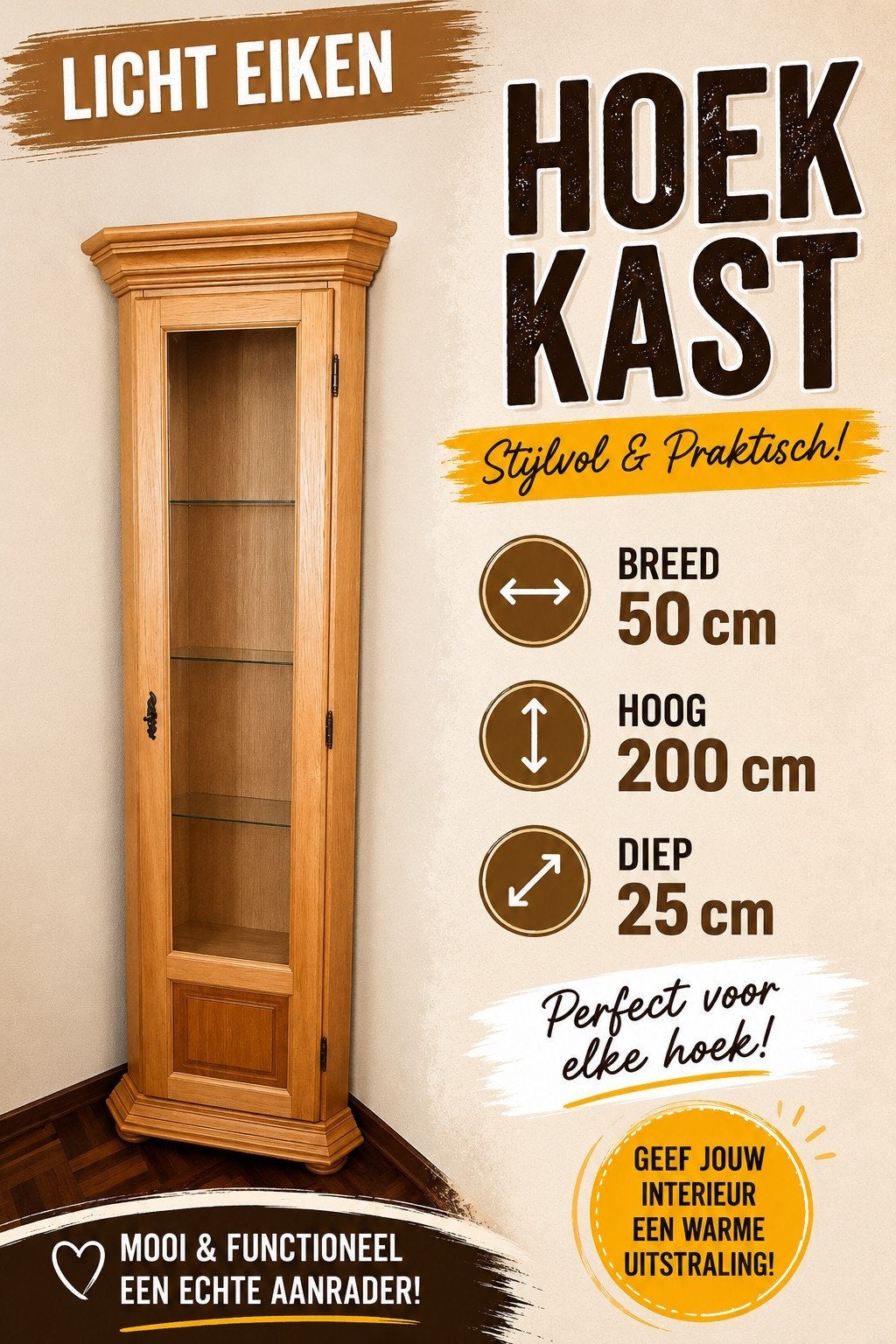 Licht Eiken Hoekkast, Ophalen, 25 tot 50 cm, 50 tot 100 cm, 200 cm of meer