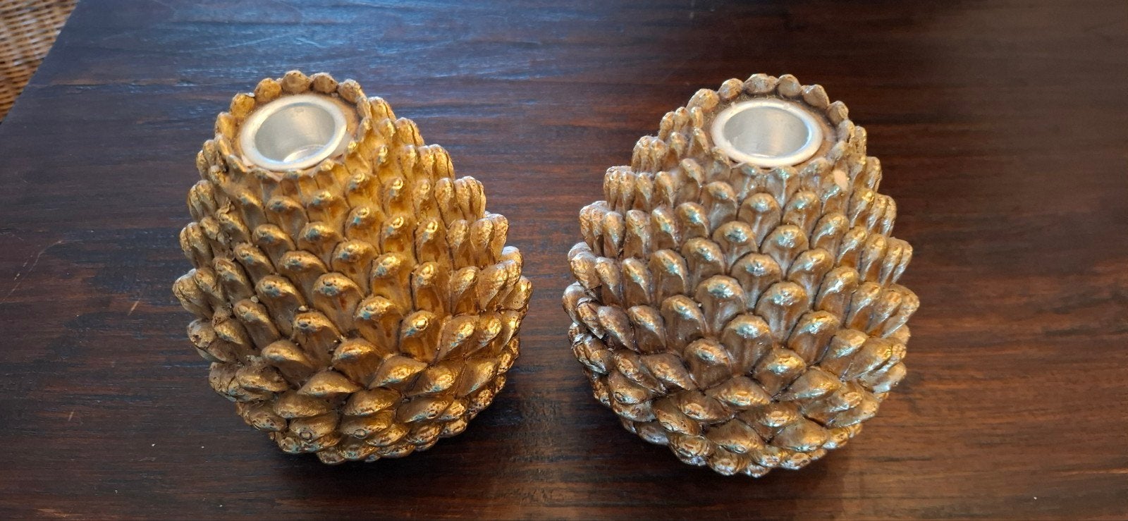Set van 2 gouden dennenappel s voor kaarsen, Ophalen of Verzenden, Zo goed als nieuw, Kaars, Goud
