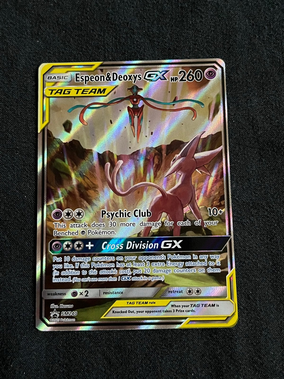 Espeon & Deoxys GX Tag Team Pokémon Kaart SM240, Ophalen of Verzenden, Zo goed als nieuw, Losse kaart, Foil
