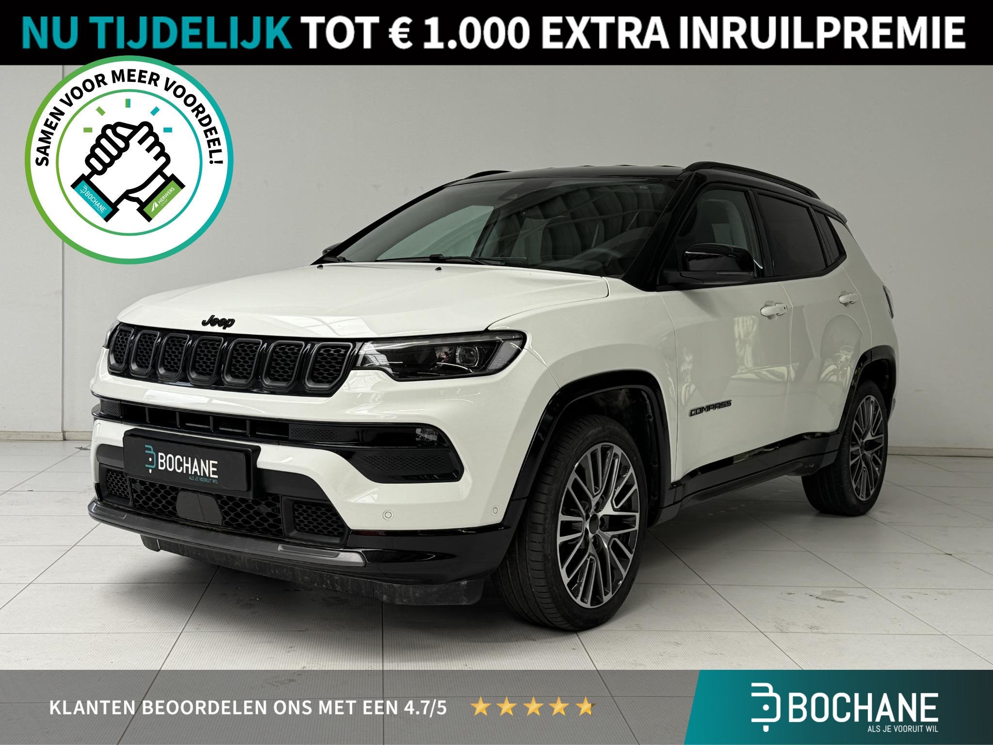 Jeep Compass 1.5T e-Hybrid Summit | Apple CarPlay / Android, Auto's, Gebruikt, 4 cilinders, Met garantie (alle), Wit