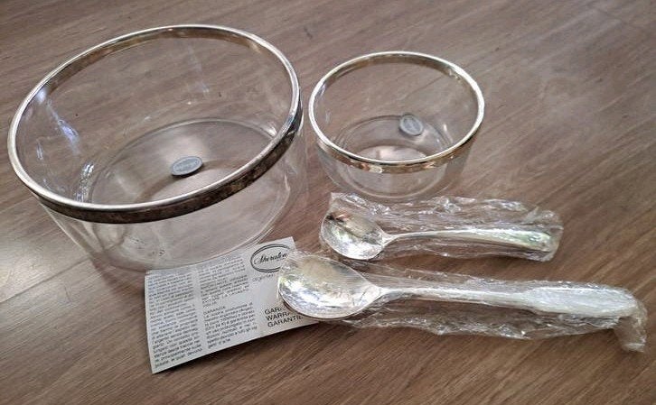 Sheratonn  Verzilverde Glazen Schalen Set met Lepels Nieuw, Antiek en Kunst, Ophalen of Verzenden, Zilver
