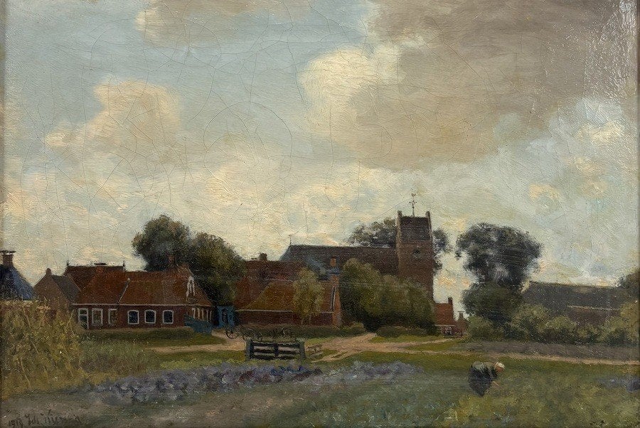 1023. Olieverf, Ids Wierdsma - Fries dorpsgezicht, 1919, Doek, Impressionistisch, Ophalen of Verzenden, Landschap