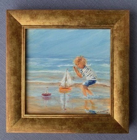 Jongetje spelend aan zee - 2017 - Russische School ?, Impressionistisch, Ophalen of Verzenden, Gedateerd, Olieverf