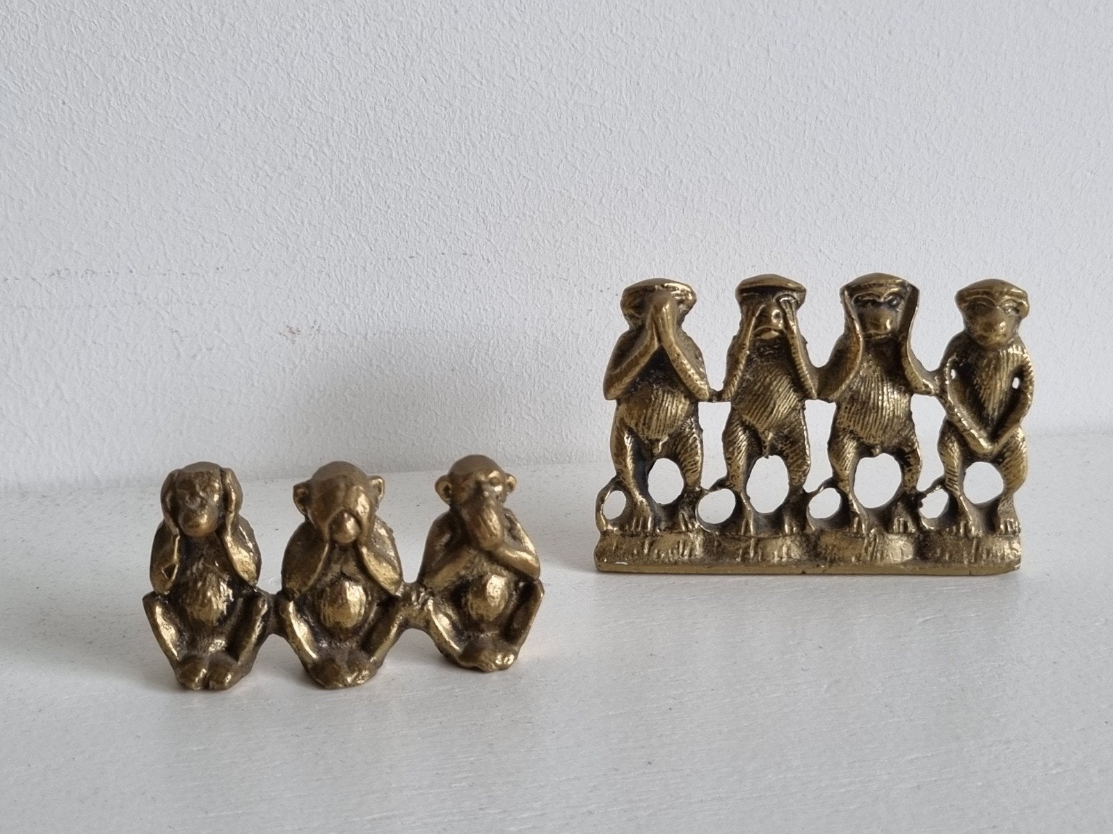 Set van 2 messing apenbeeldjes: Horen, Zien, Zwijgen, Ophalen of Verzenden, Zo goed als nieuw, Dier