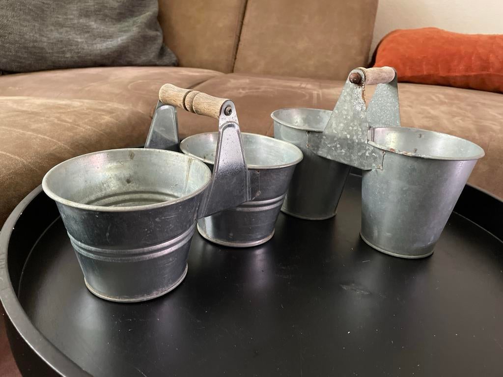 Set van 2 zinken plantenbakken met houten handvat, Tuin en Terras, Bloembakken en Plantenbakken, Ophalen, Overige materialen, Gebruikt