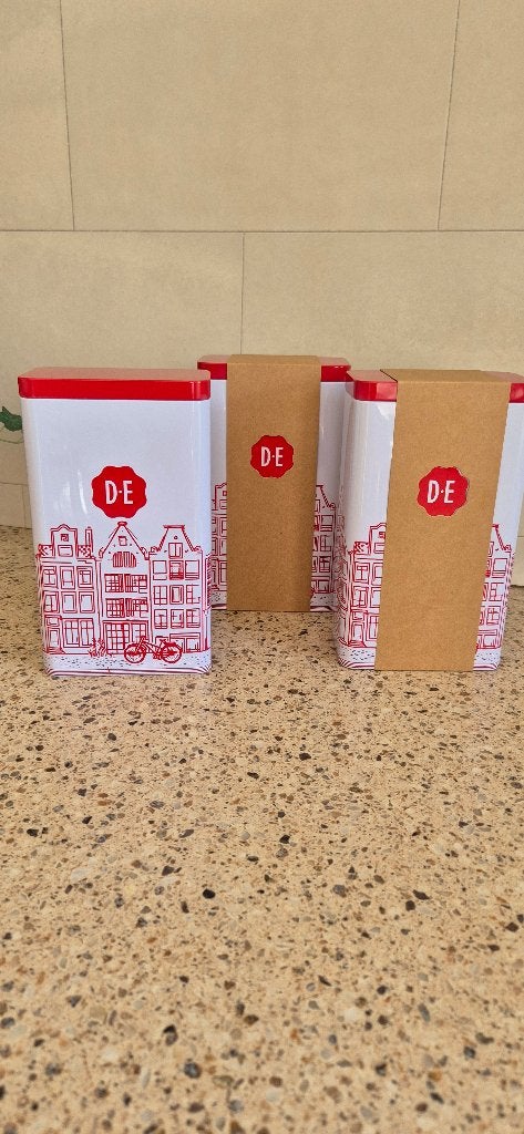 Douwe Egberts 3 voorraadbussen/voorraadblik grachtenpanden, Ophalen of Verzenden, Nieuw, Koffie, Douwe Egberts