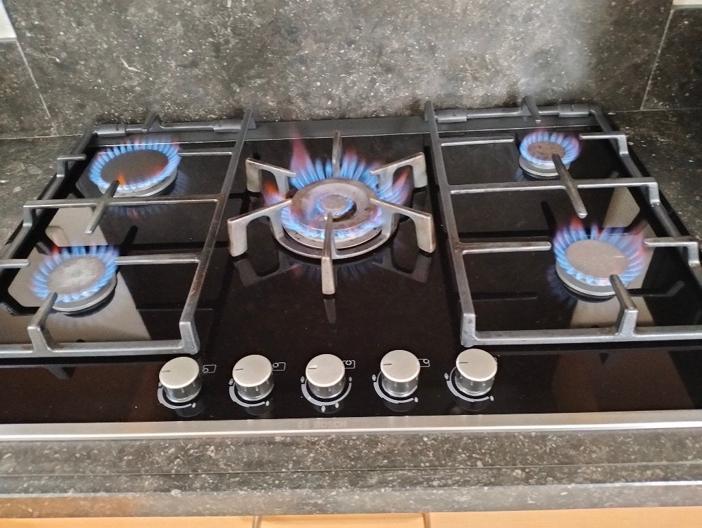 Mooie gas op glas kookplaat 80 cm. met wokbrander, Ophalen, Gebruikt, Inbouw, Gas