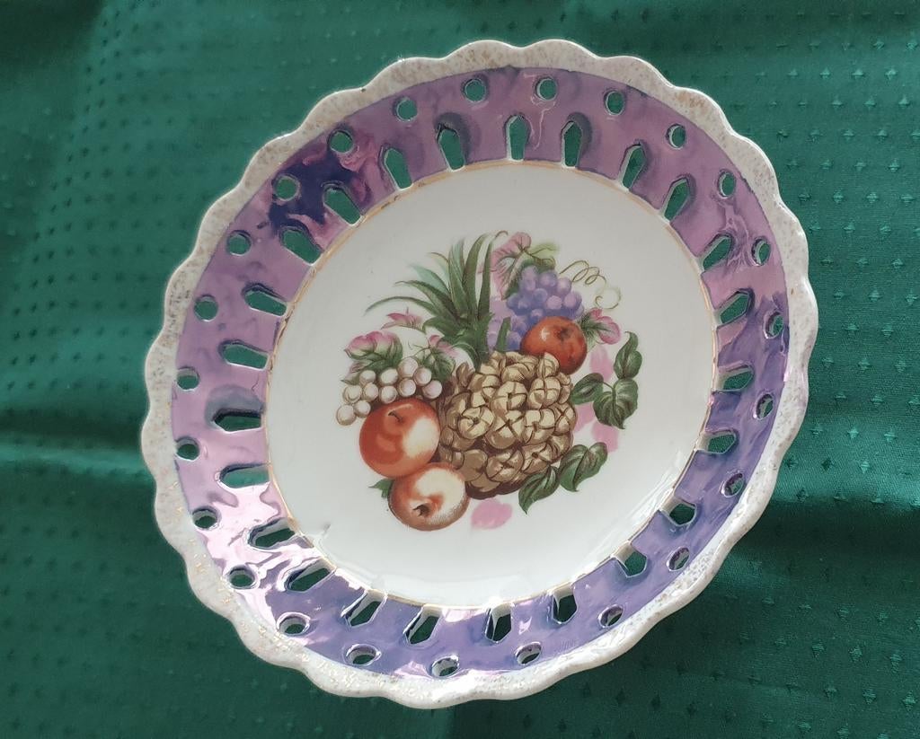 Vintage Ucagco Japan Lusterware voetstuk schaal fruitmotief, Antiek en Kunst, Ophalen of Verzenden