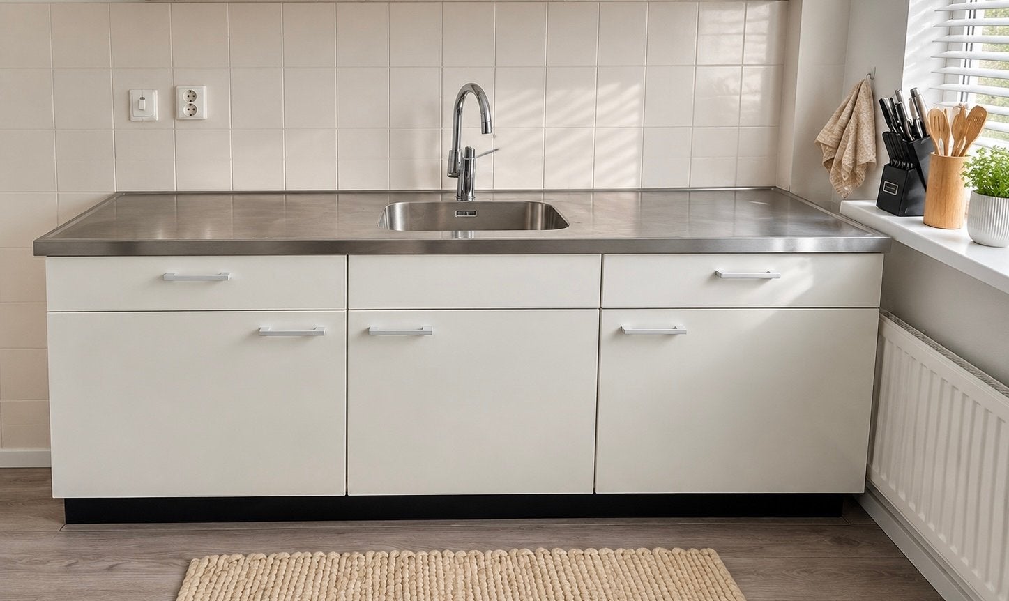 Compacte keuken met RVS blad en witte kasten, Ophalen, Gebruikt, Wit, Enkelwandige keuken