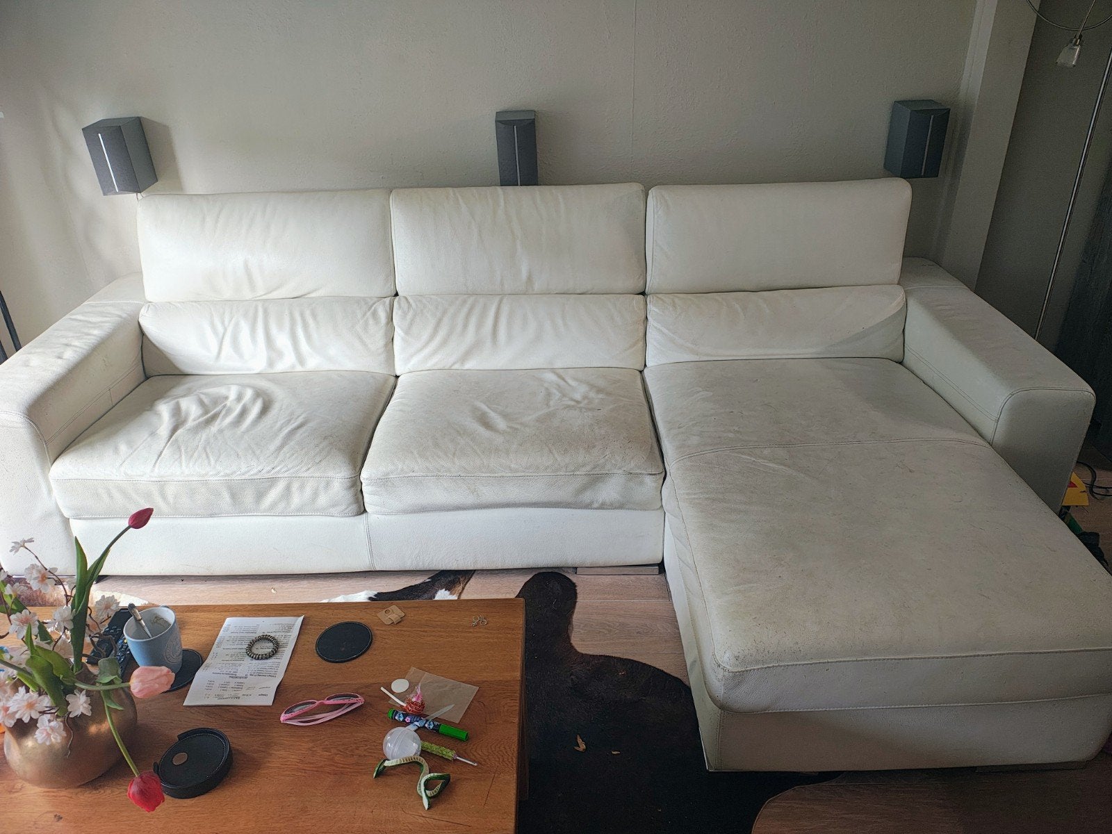 Witte Leren Hoekbank - Gebruikt met slijtage, Huis en Inrichting, Ophalen, 250 tot 300 cm, Gebruikt, Hoekbank