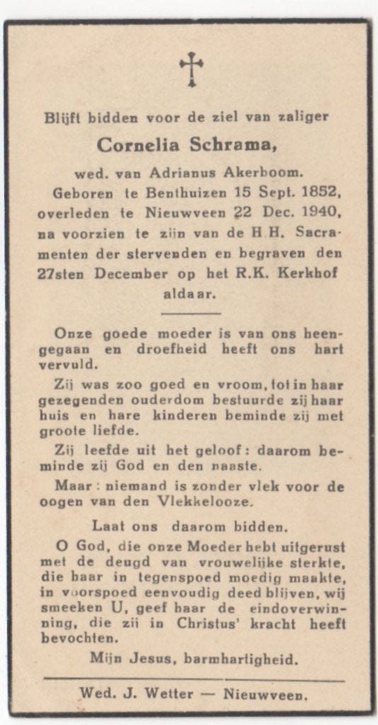 Cornelia Schrama 1852 Benthuizen + 1940 Nieuwveen, 88 jaar, Ophalen of Verzenden