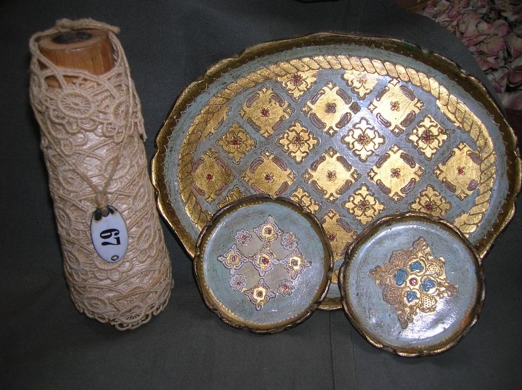florentijns dienblaadje voor 2 glazen + 2 onderzetters, Antiek en Kunst, Curiosa en Brocante, Ophalen of Verzenden